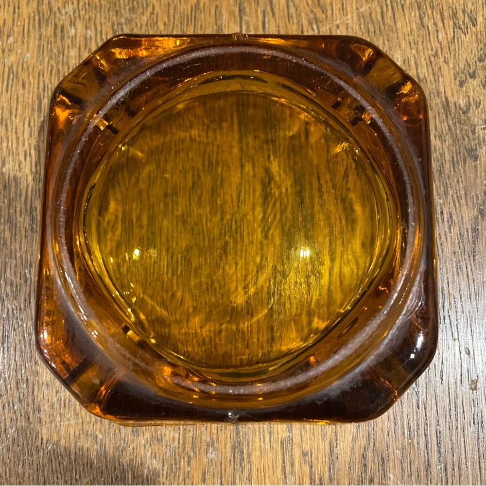 Vintage Amber Glass Ashtray Mid Century Modern Heavy Square Art Deco